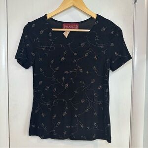 Marcy Allan 90s Vintage Short Sleeve Top. Black with Gold Sparkles. Medium.